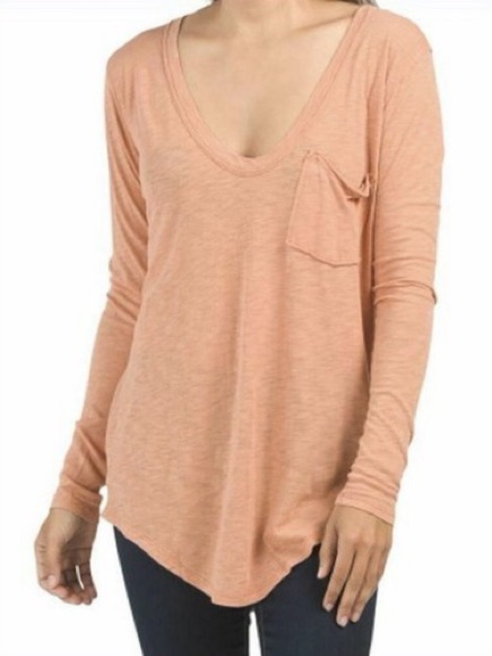 We The Free Peach V-Neck Long Sleeve Pocket Tee
